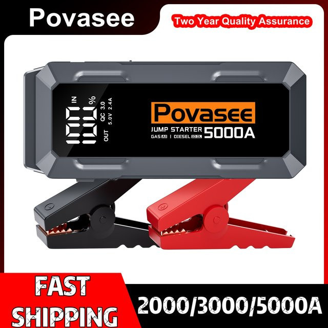 POVASEE Auto Starthilfe 12V mit 2000A-5000A als tragbare Power Bank und Batterie Starter Booster in Schwarz - Bild 1