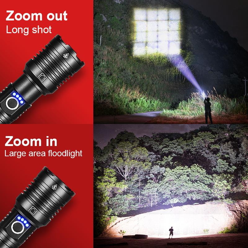 Pawell Ultrahelle LED-Taschenlampe mit 100000 Lumen, wiederaufladbare Hochleistungs-Handtaschenlampe mit Zoom in Schwarz aus Aluminium - Bild 6