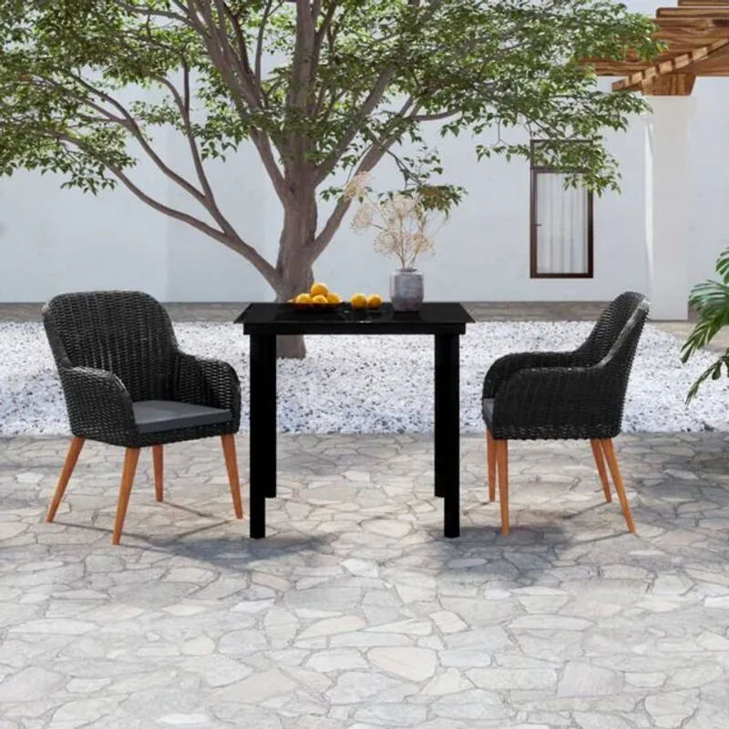3-teilige moderne Garten-Essgruppe aus Metall und Rattan mit Glasplatte und Kissen in Schwarz von vidaxl - Bild 1