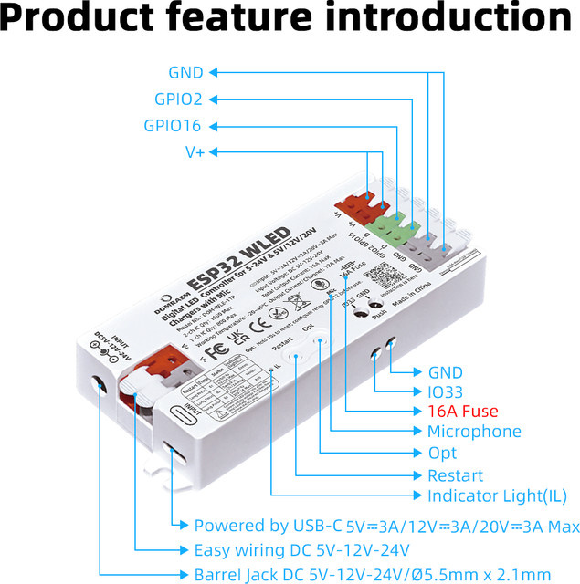 DOMRAEM ESP32 WLED Controller mit digitalem Mikrofon für Musik-Synchronisation, PD Power, Dual 5-24V DC Eingang und 16A Sicherung, kompatibel mit WS2811 RGBIC LED-Streifen - Bild 1