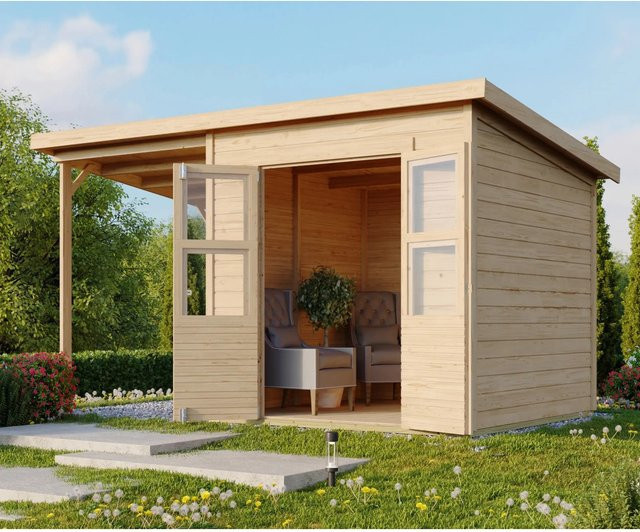 Karibu Holz-Gartenhaus Neuenburg Natur mit Anbaudach und Pultdach, B: 370 cm, T: 150 cm - Bild 1