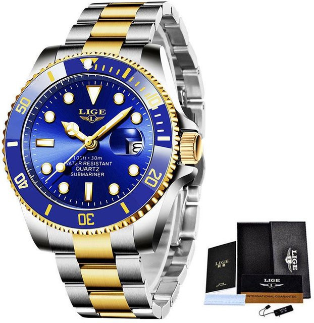 LIGE Armbanduhr Quarz, Taucheruhr, blau/gold, Herren, 30ATM - Bild 1