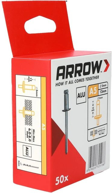 Arrow Blindniete aus Aluminium in Silber, Durchmesser: 5 mm, Länge: 12 mm, 50 Stück - Bild 1