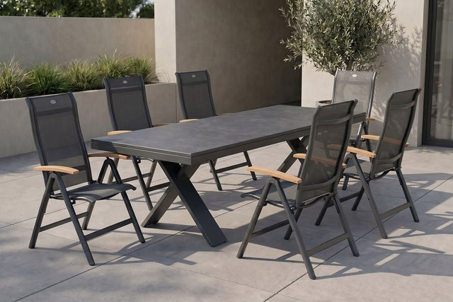 Hartman Xanadu/Alice Garten-Essgruppe in Anthrazit mit ausziehbarer Glaskeramik-Tischplatte und 6 Klappstühlen aus Teak und Aluminium - Bild 1