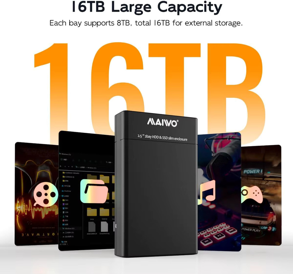 MAIWO Dual Bay RAID-Festplattengehäuse mit USB 3.0 für 2,5-Zoll-SATA-SSD/HDD, unterstützt UASP und 4 RAID-Modi, Schwarz - Bild 3