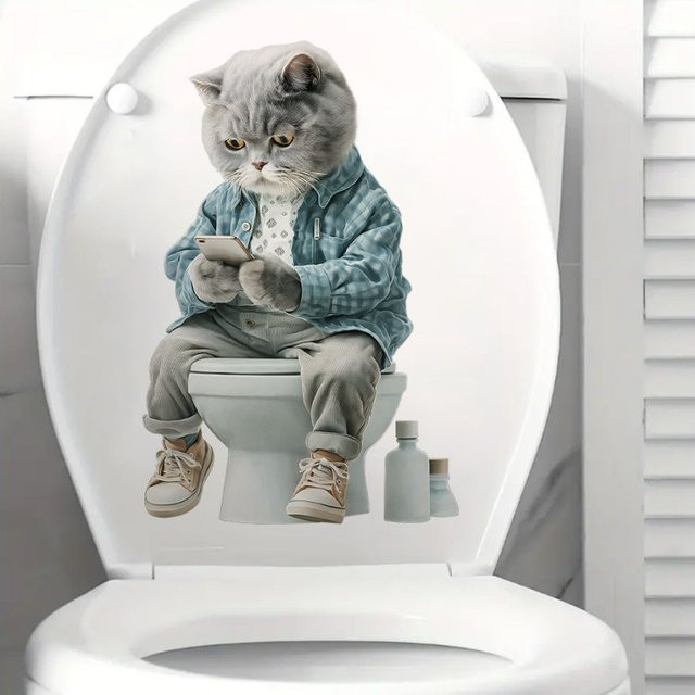 Selbstklebender Badezimmer Aufkleber mit Cartoon-Katze am Telefon auf der Toilette, Mehrfarbig, Abnehmbar und Rückstandsfrei - Bild 1