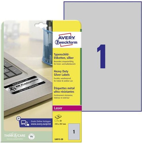 Avery Zweckform Typenschild-Etiketten L6013-20, Silber, Polyesterfolie, B/H: 21,0 x 29,7 cm, 20 Stück - Bild 1