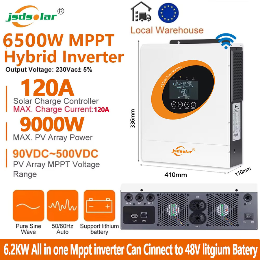 Jsdsolar Hybrid-Solarwechselrichter 6,5KW 48V zu 230V mit Reine Sinuswelle, PV-Eingang 9000W, Farbdisplay, WLAN und 120A MPPT, Dualer AC-Ausgang, Weiß - Bild 7
