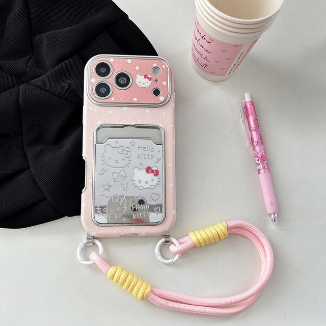 Sanrio Hello Kitty Handyhülle aus weichem Leder mit Kartenhalter und Trageband für iPhone 17 16 15 14 13 Pro Max in Pink - Bild 1