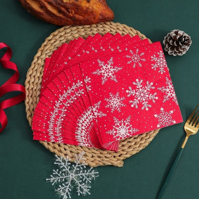 GUANYAO Weihnachts Servietten mit Schneeflocken Motiv in Rot, 20 Stück, Durchmesser: 33 cm - Bild 1