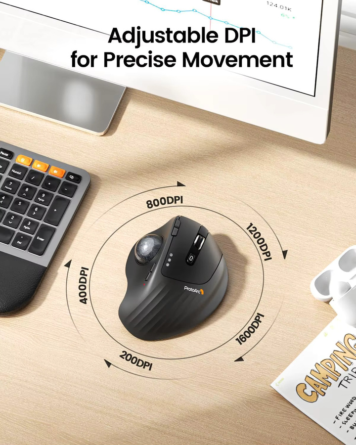 ProtoArc EM01 NL Kabellose Ergonomische Trackball-Maus mit Bluetooth, Schwarz - Bild 3