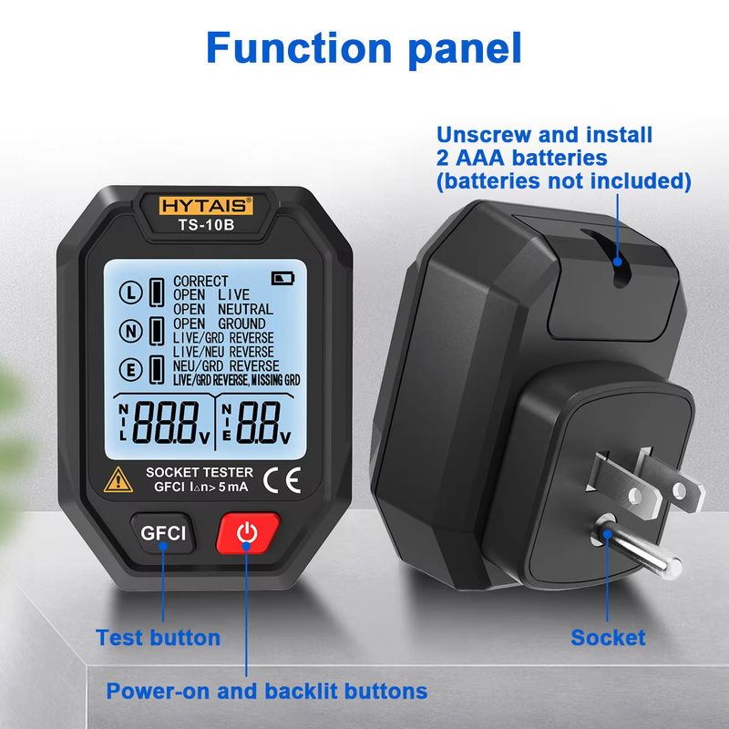 HYTAIS Digitaler Steckdosentester in Schwarz mit Hintergrundbeleuchtung zur Prüfung von Polarität, Phasen, Nullleitung und Batterieleistung für EU, US und UK Stecker - Bild 4