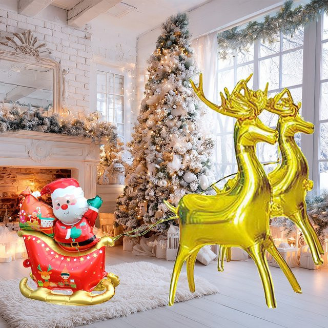 EACH PARTY Weihnachts Folienballons Set in Gold mit Hirsch, Weihnachtsmann und Schlitten als 3D-Dekoration - Bild 1