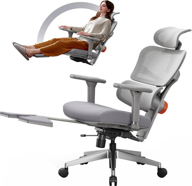 NEWTRAL NT002 Ergonomischer Bürostuhl in Grau mit adaptiver Lendenwirbelstütze, Fußstütze und 4-fach verstellbarer Rückenlehne, Armlehnen sowie Kopfstütze - Bild 1