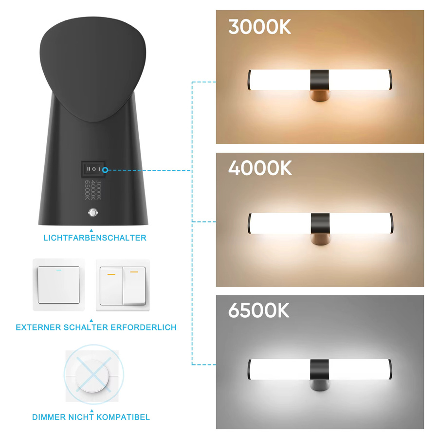 PRINCEWAY LED Spiegelleuchte für das Badezimmer in Schwarz, Wandlampe mit 3 Lichtfarben, 8W, 800Lm, IP44 wasserdicht, Breite: 40 cm - Bild 2