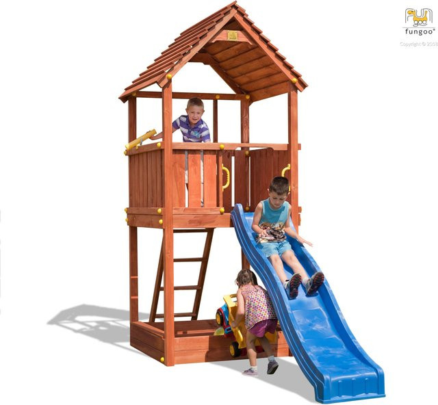 Fungoo Spielturm Joy Klettergerüst aus Teak mit Rutsche, Leiter, Holzdach und Fernrohr - Bild 1