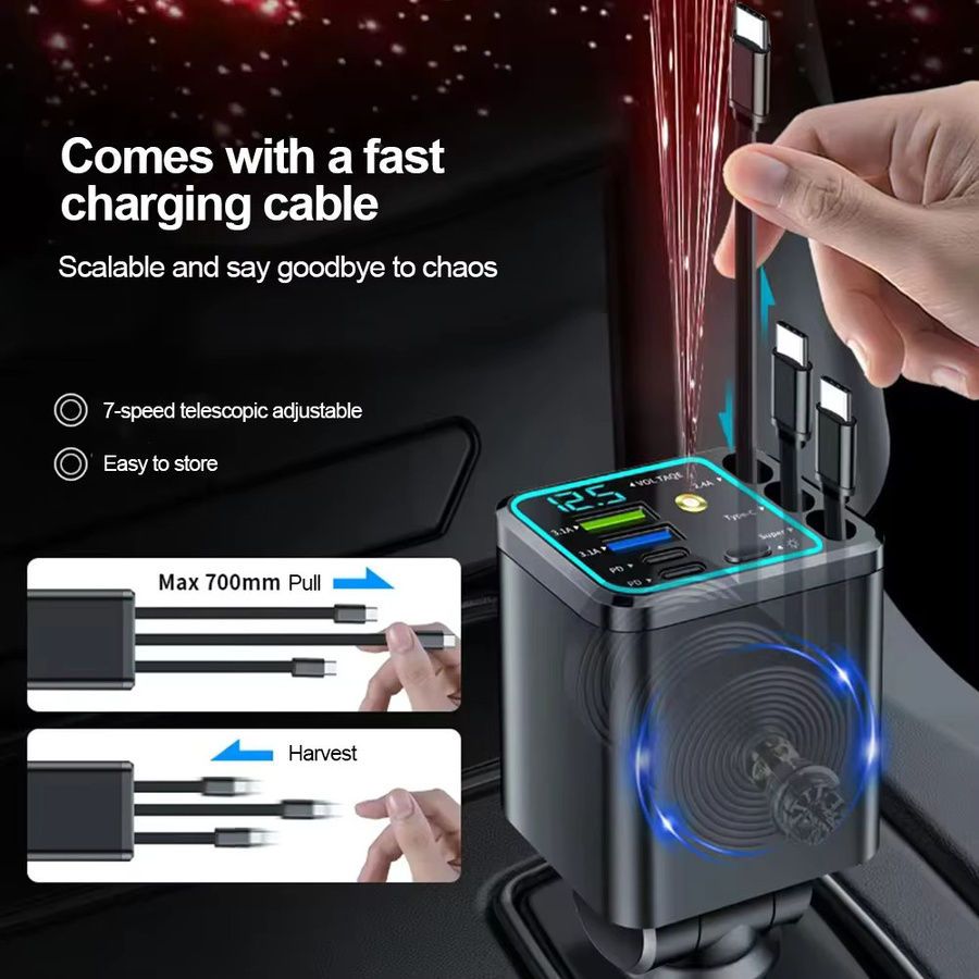 Kebidumei 7-in-1 Auto-Schnellladegerät mit 180W und einziehbarem USB-C Kabel in Schwarz - Bild 3