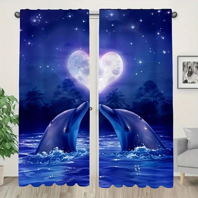 Yiran Furniture Vorhänge mit blauem Delfinherzmuster, semi-transparent, B: 35 cm, H: 120 cm, 2er-Set - Bild 1