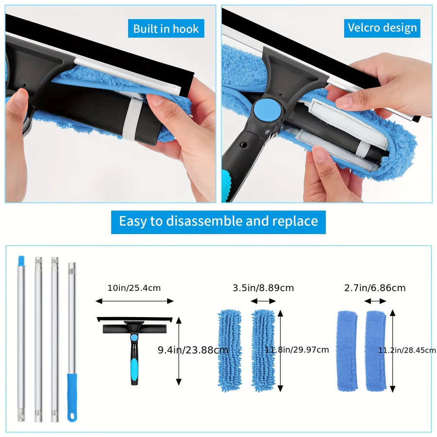 MOZHOU 2-in-1 Fensterreiniger-Set mit Verlängerungsstange und 4 Reinigungspads in Grau und Blau - Bild 2