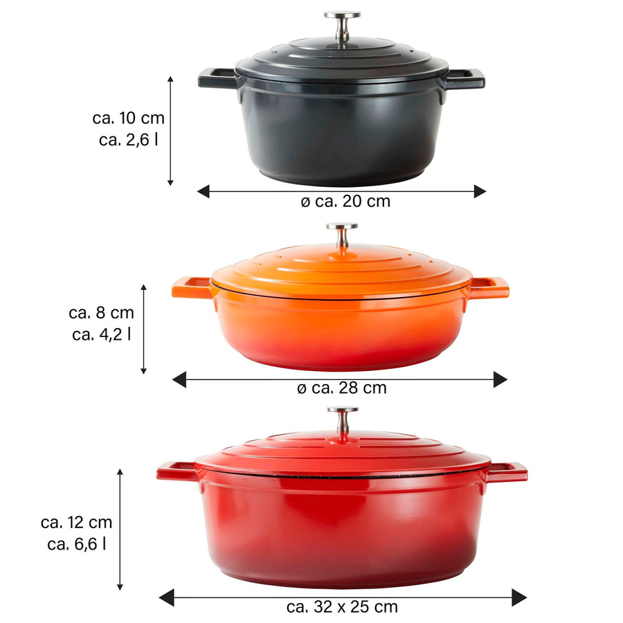 STONELINE Cocotte Bräter Set 3-teilig mit Deckeln aus Aluminium, Schwarz und Rot, Antihaftbeschichtung - Bild 3