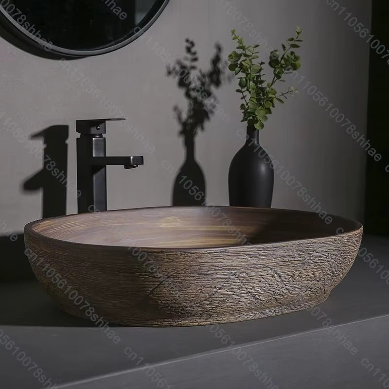 FIIBUU Aufsatzwaschbecken aus Keramik in Braun, ovales Vintage Waschbecken für das Badezimmer, B/T/H: 58 x 48 x 13 cm - Bild 3