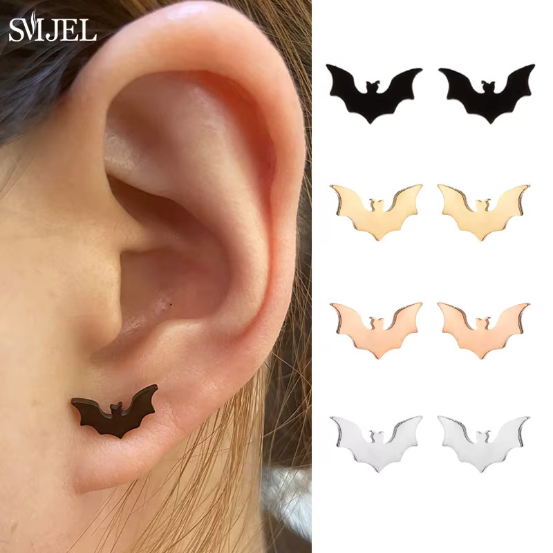 SMJEL Ohrstecker Edelstahl, Schwarz, Vampir-Fledermaus-Motiv, Unisex - Bild 2