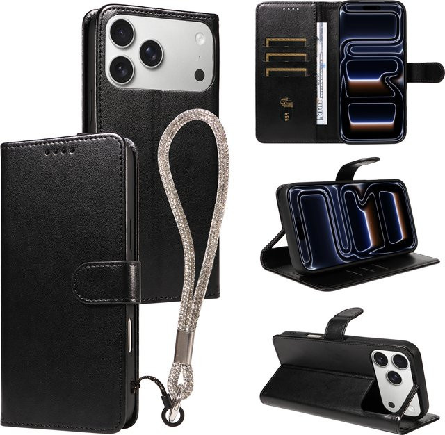 Leder-Handyhülle im Brieftaschen-Stil für iPhone 11 bis iPhone 17 mit Handschlaufe, kratzfest und stoßfest, Farben: Schwarz oder Grau - Bild 1