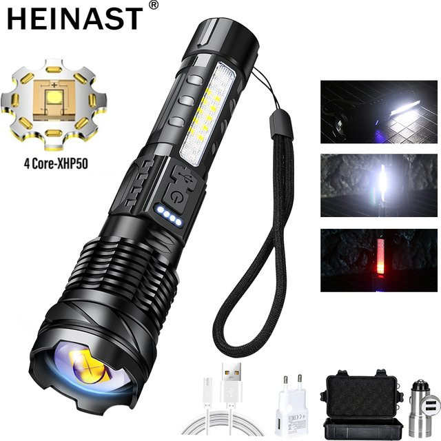 Heinast XHP70 LED Taschenlampe in Schwarz, wasserdichte USB wiederaufladbare Zoom Lampe mit Seitenlicht und 7 Modi für Camping und Angeln - Bild 1