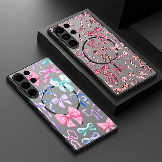 Magnetische Handyhülle mit Rosa Schleifenmuster für Samsung Galaxy S25 S24 S23 S22 Ultra FE Plus kompatibel mit MagSafe, Matte PC Hülle - Bild 1