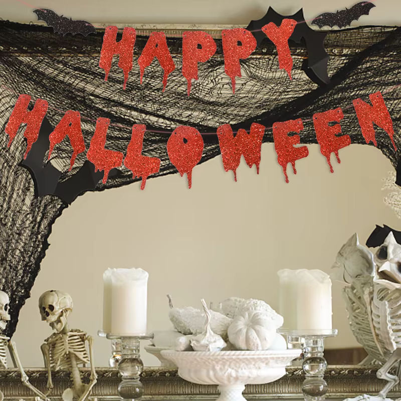 Happy Halloween Banner aus rotem Glitzer-Papier mit Fledermaus-Motiv als hängende Wanddeko - Bild 4