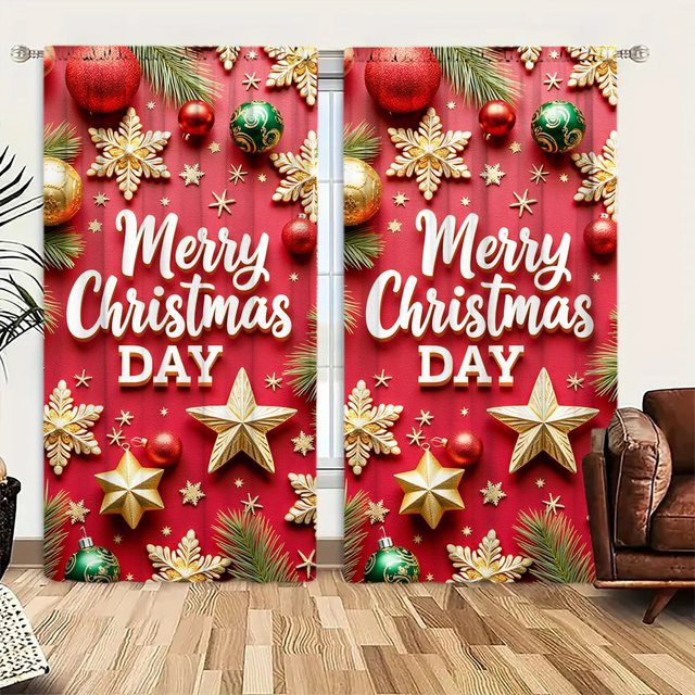 2er-Set Weihnachts Vorhänge von Household supplies MH in Weiß, halbtransparent mit Grafikdesign, B: 52,5 cm, H: 116 cm - Bild 1