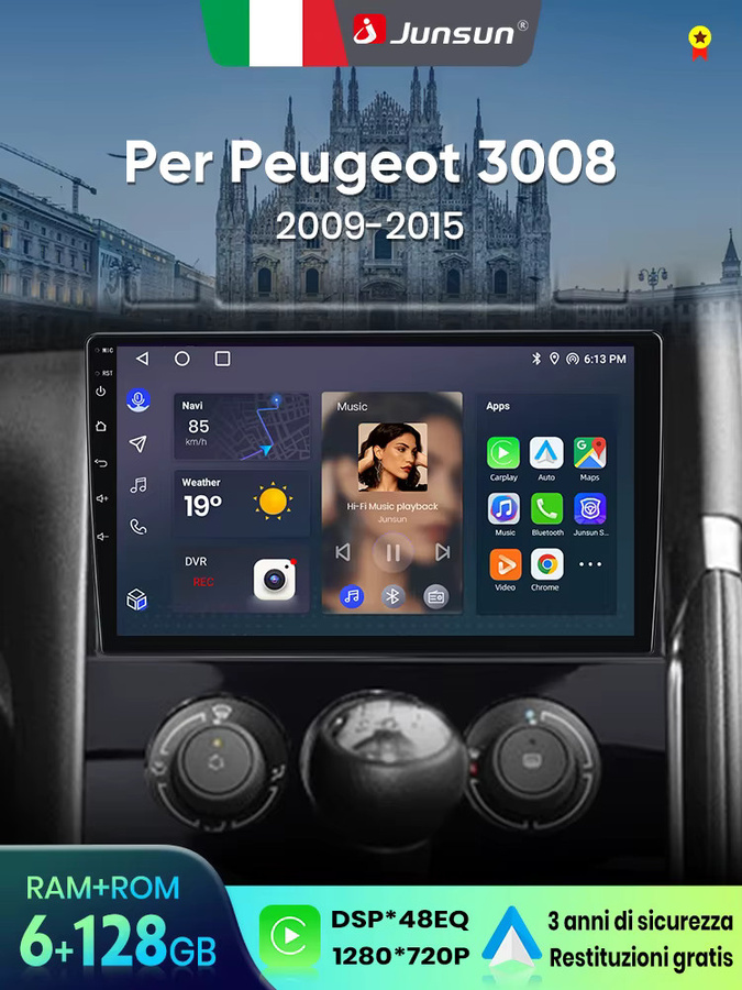 Junsun Kabelloses CarPlay Android Autoradio für Peugeot 3008 (2009-2015) mit GPS-Navigation, Bluetooth und DSP in Schwarz - Bild 1