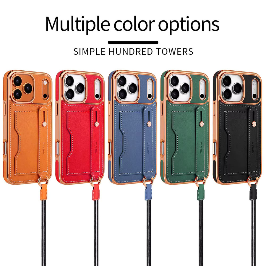 VIETAO Handyhülle aus PU-Leder mit Kartenhalter und Handyband für iPhone 17 16 15 14 13 12 Pro Max inklusive Ständerhalter in Schwarz und Grün - Bild 4
