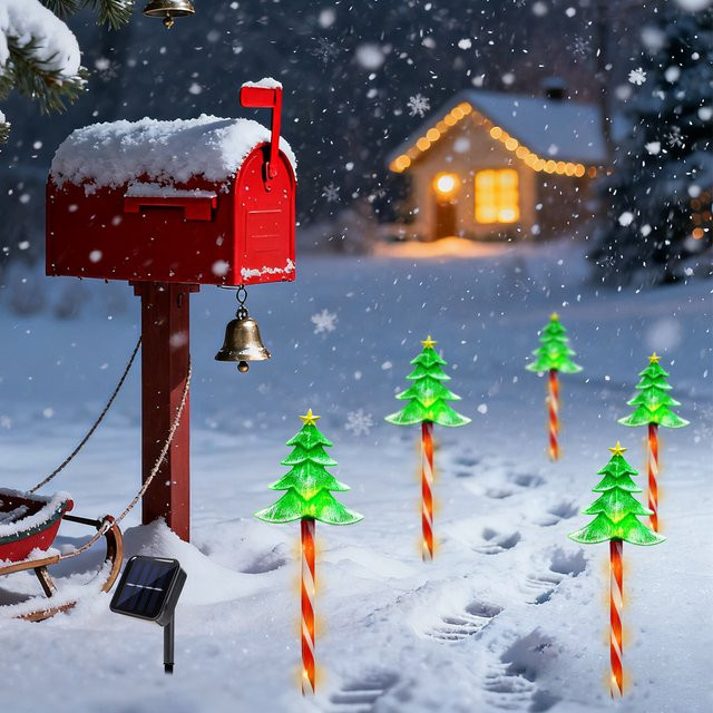 Peach Forest 5er Set Solar LED Weihnachtsbaum Deko-Stecker, wasserdichte Gartenleuchten in Grün für Terrasse und Rasen - Bild 1