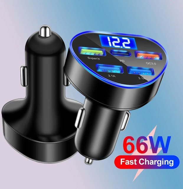 Kebidumei 66W PD Auto Ladegerät mit QC 3.0 Schnellladung, 5 Ports und Digitalanzeige für den Zigarettenanzünder - Bild 1