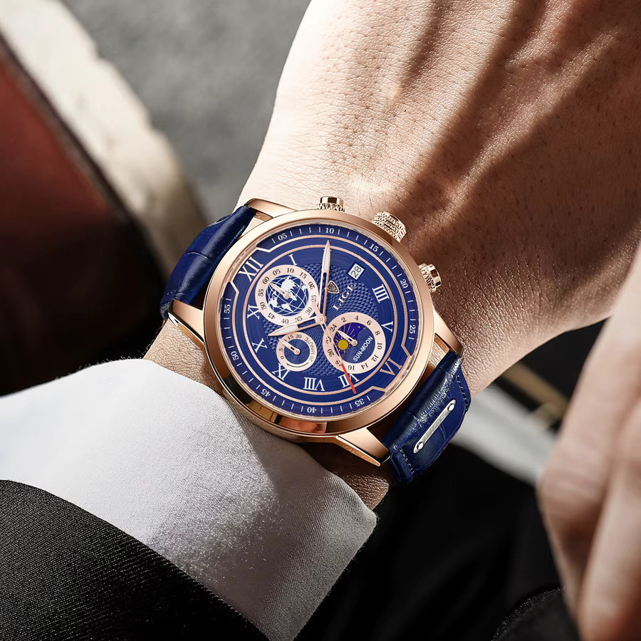 LIGE Armbanduhr Chronograph, Quarz, Leder, Roségold, Blau, Herren - Bild 6