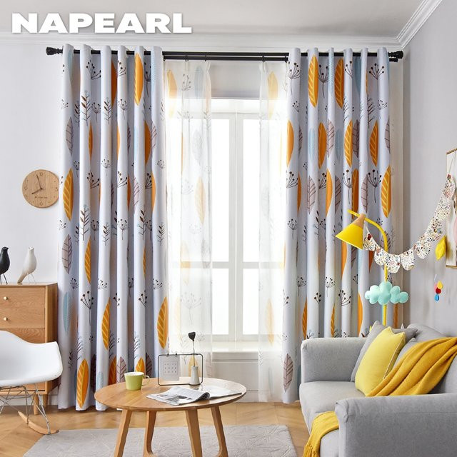 Napearl Blackout Vorhang mit Blätter-Print aus Tüll für Schlafzimmer und Wohnzimmer, Farbe: Schwarz, Blau oder Weiß - Bild 1