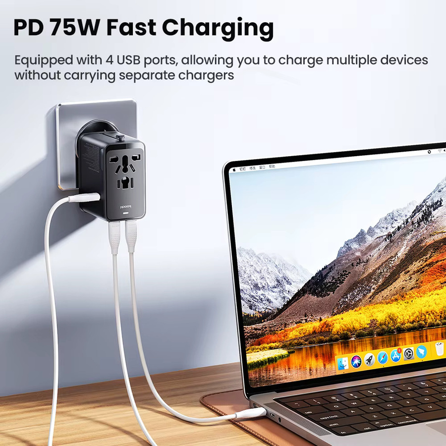 Toocki GaN 75 W Universal-Reiseadapter mit 1 AC-Steckdose, 1 USB-A und 2 USB-C Anschlüssen, PD 45 W Schnellladegerät für EU, US, UK, AUS, Schwarz - Bild 2