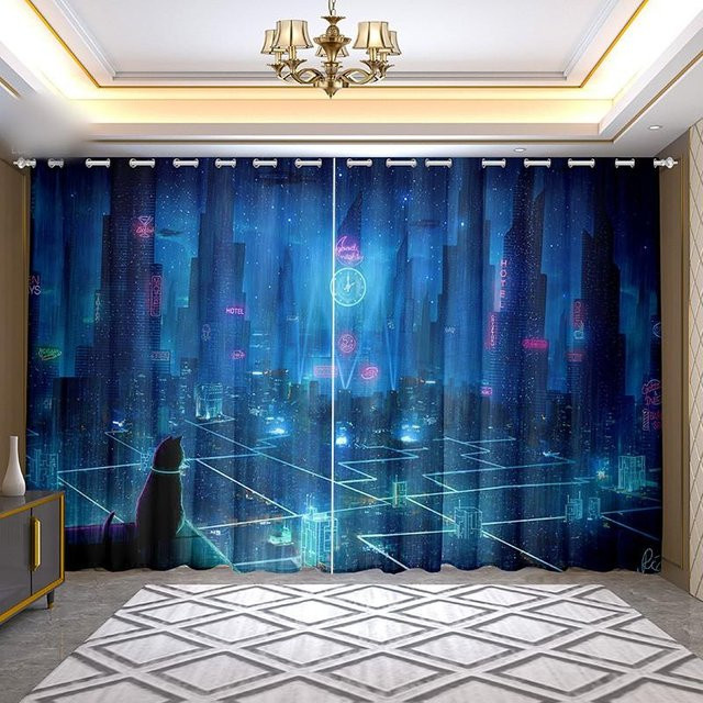 2-teiliges Cyberpunk-Anime-Vorhangset mit Stadtblick von A Family Of Home Textiles in Blau, semi-transparent, B: 100 cm, H: 240 cm - Bild 1