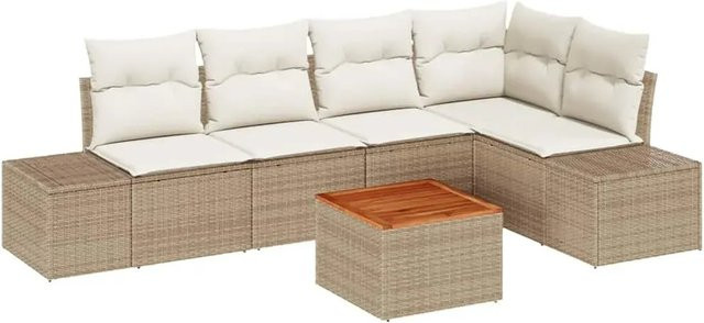 vidaXL Garten-Sofa-Set 6-teilig in Beige und Weiß mit L-Form, Outdoor-Couch-Set mit Eckelement, Tisch und Polsterkissen aus Acaciaholz und pulverbeschichtetem Stahl - Bild 1