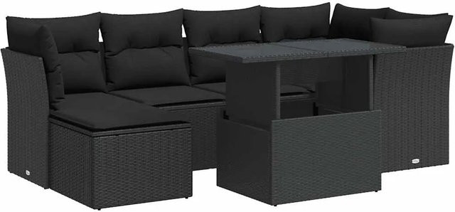 vidaXL 7-teilige Garten-Sofagarnitur aus Poly-Rattan mit Kissen in Schwarz - Bild 1