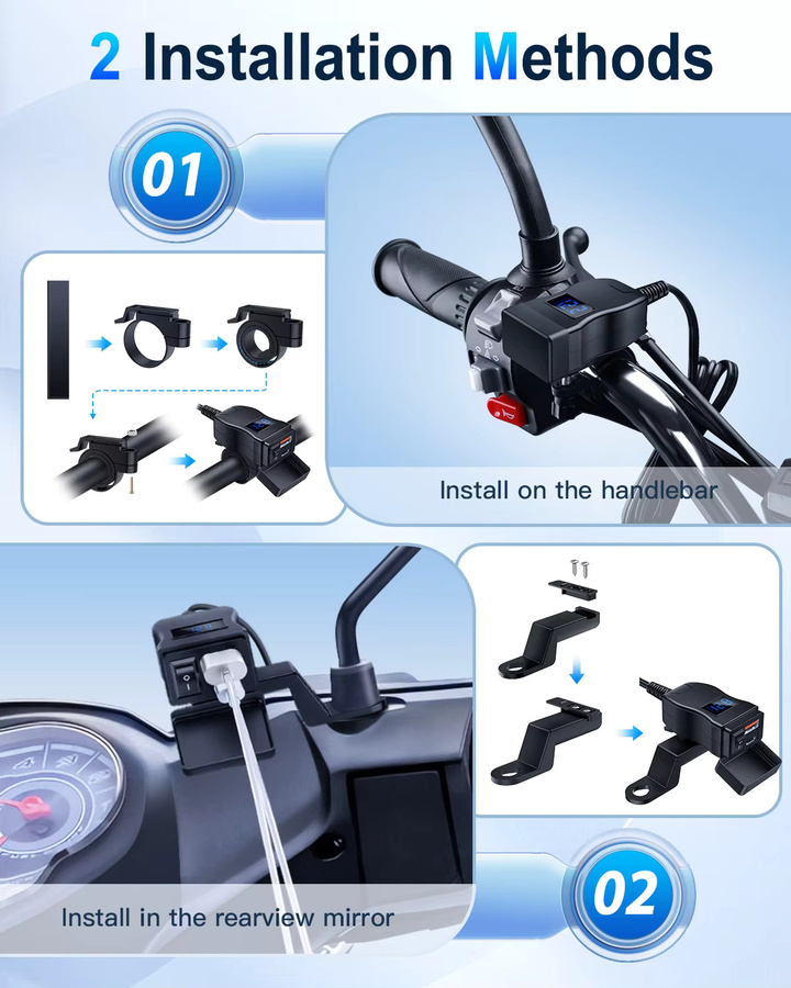 Extractme Motorrad-Ladegerät in Schwarz mit Dual-USB, QC3.0 Schnellladegerät, Steckdose mit Schalter und wasserdichtem digitalem Voltmeter - Bild 3