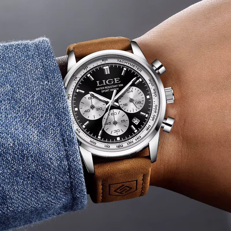 LIGE Armbanduhr Chronograph, Quarz, Leder, Schwarz, Herren - Bild 5