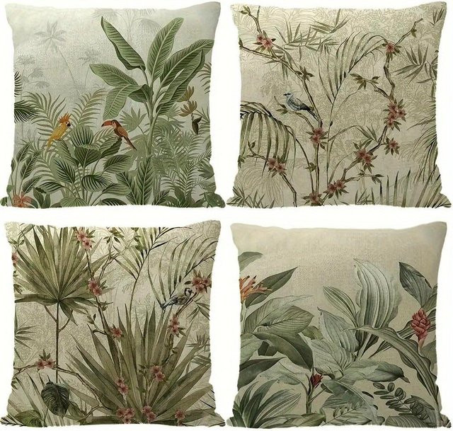 JMG Clothing Kissenbezug mit tropischem Vogelmuster und Digitaldruck aus Plüsch, Farbe: Weiß/Grün, B/T: 35 x 35 cm - Bild 1