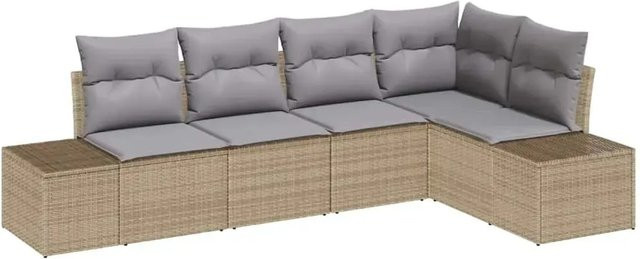 vidaXL Garten-Sofa-Set 5-teilig in Beige, modernes L-Shape Polyrattan-Set mit Polstern und Kissen für Terrasse und Garten - Bild 1