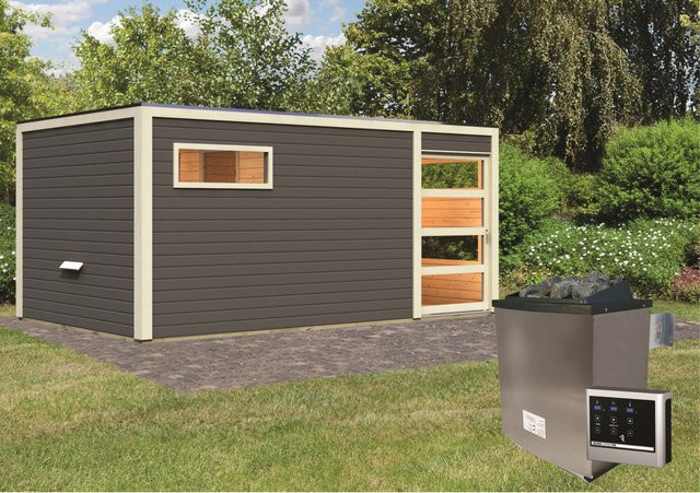 Karibu Saunahaus Kjeld mit 9 kW Ofen und externer Steuerung in Terragrau B/T/H: 508 x 276 cm - Bild 1