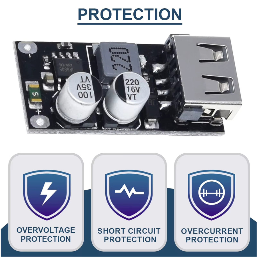 USB QC3.0 Schnelllademodul DC-DC Buck Converter Step-Down Platine mit USB-A und USB-C, Schwarz, 6-32V zu 5V 3A - Bild 4
