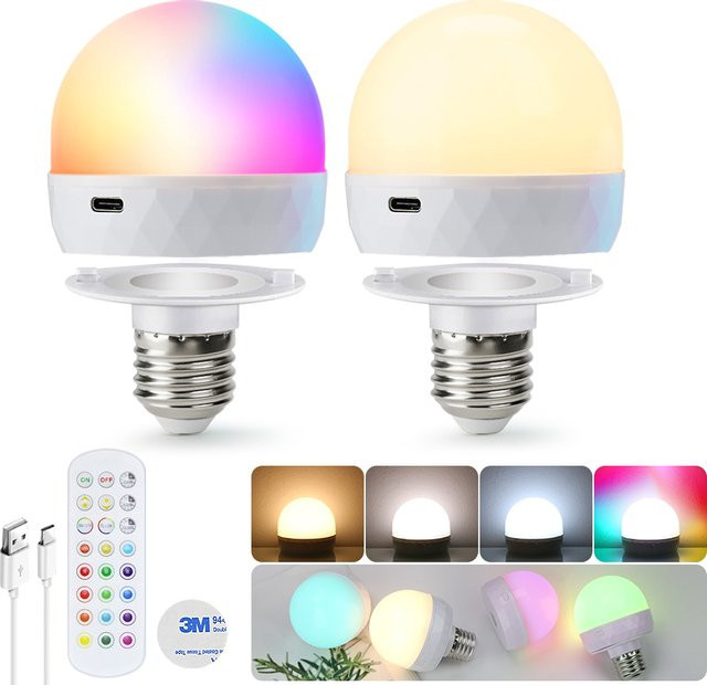 PARKSON LED-Glühbirne E27, wiederaufladbar via USB, dimmbar mit RGB-Effekt und magnetischer Funktion, weiß - Bild 1