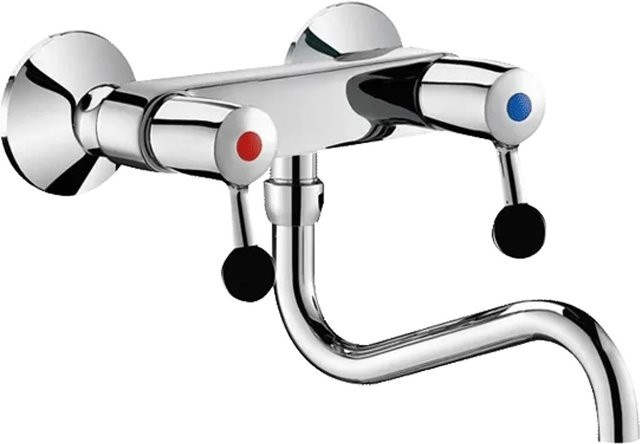 Delabie Wand-Zweigriffarmatur für die Küche in Chrom, Schwenkauslauf unten Ø22 mm, Länge 200 mm - Bild 1