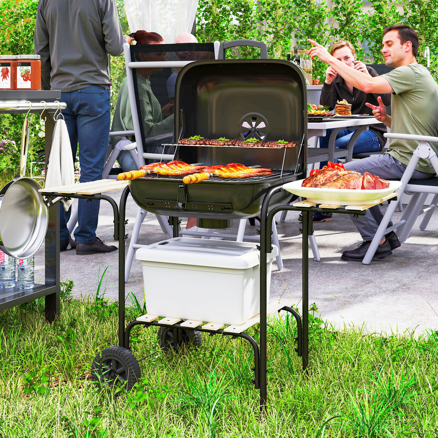 Outsunny Holzkohlegrill aus Stahl in Schwarz mit abschließbarem Deckel, Grillrost, Holzablage und Rädern, B/H/T: 54 x 91 x 98 cm - Bild 5